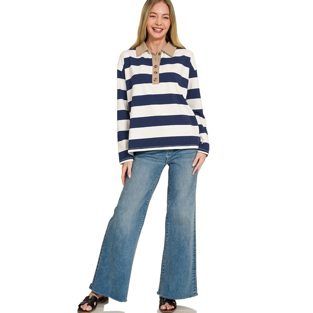 Zenana Striped Contrast Collar Polo Tee - Navy - Small - Picture 5 of 5